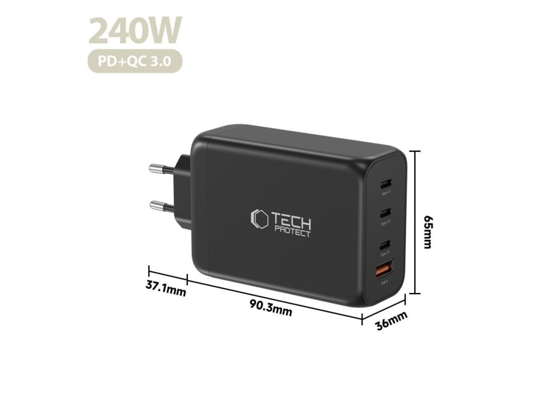 Cargador de pared Tech-Protect NC240W-GaN de 4 puertos y 240 W - Negro