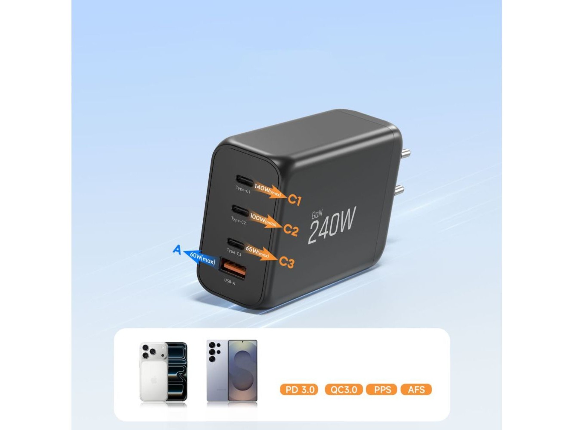 Cargador de pared Tech-Protect NC240W-GaN de 4 puertos y 240 W - Negro