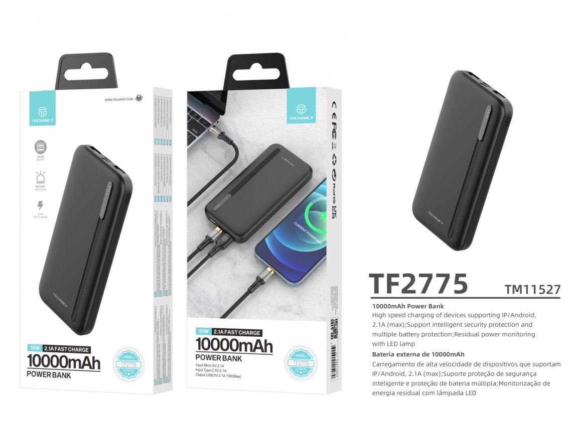 Techancy Power Bank 10000mAh Negro TF2775, �Carga r�pida de 10 W para tel�fonos inteligentes, tablet