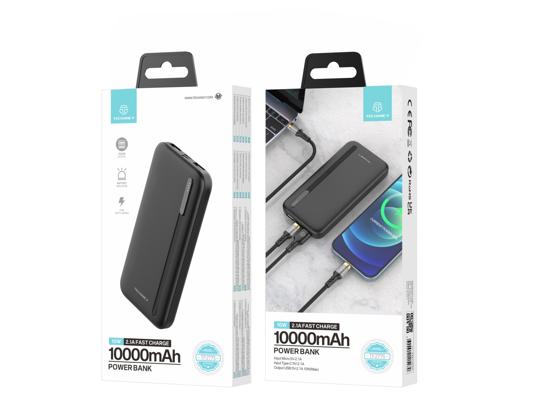 Techancy Power Bank 10000mAh Negro TF2775, ¡Carga rápida de 10 W para teléfonos inteligentes, tablet