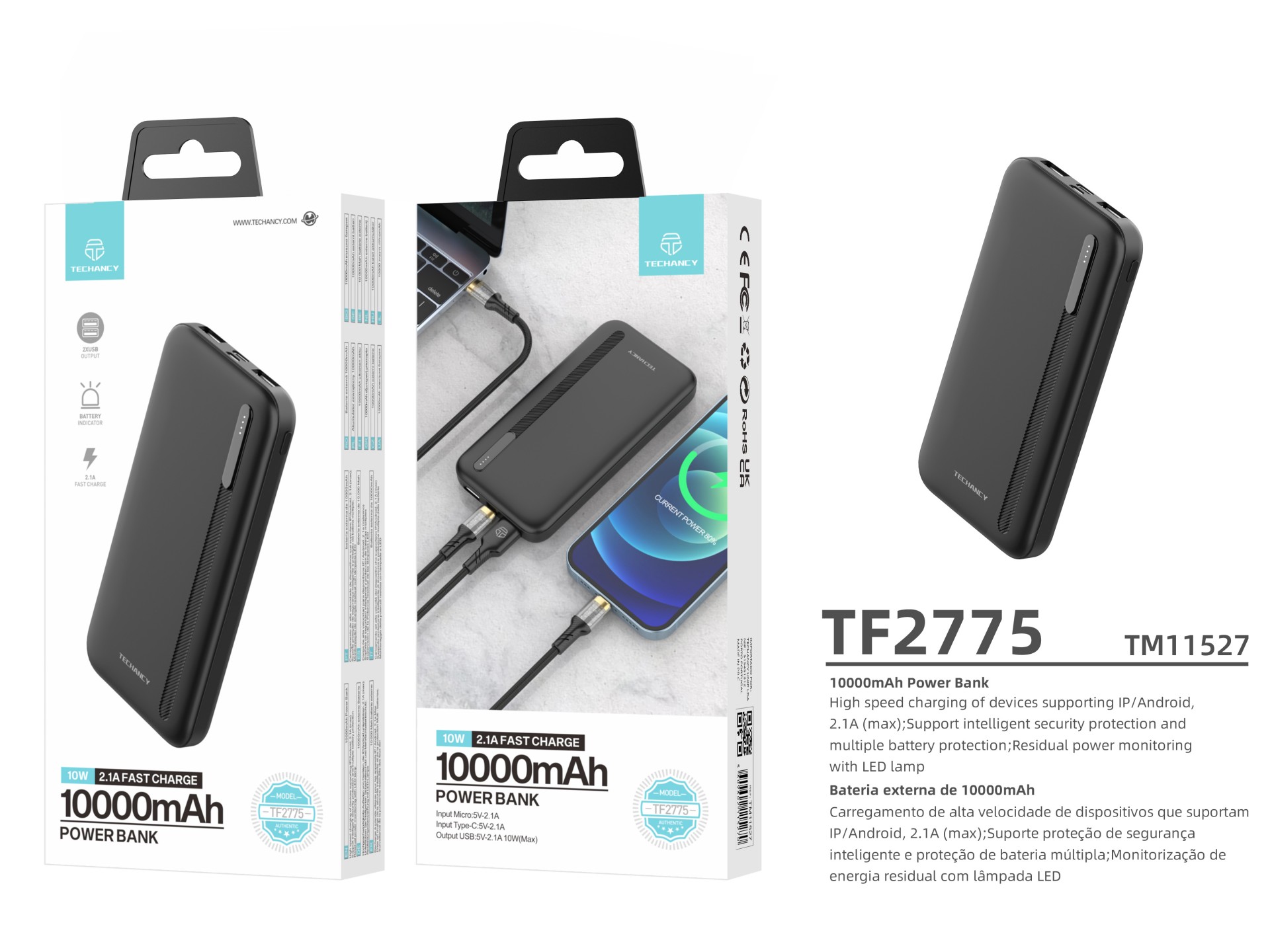 Techancy Power Bank 10000mAh Negro TF2775, ¡Carga rápida de 10 W para teléfonos inteligentes, tablet