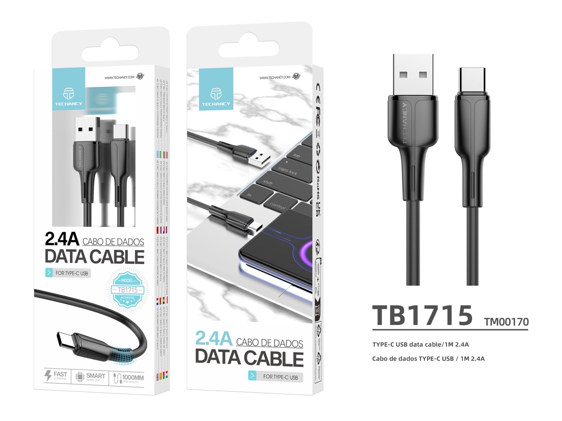 Techancy Cabo De Dados Usb-Type-C Preto 1m TB1715, Carregamento Rápido 2.4a, Suporta Transferência D