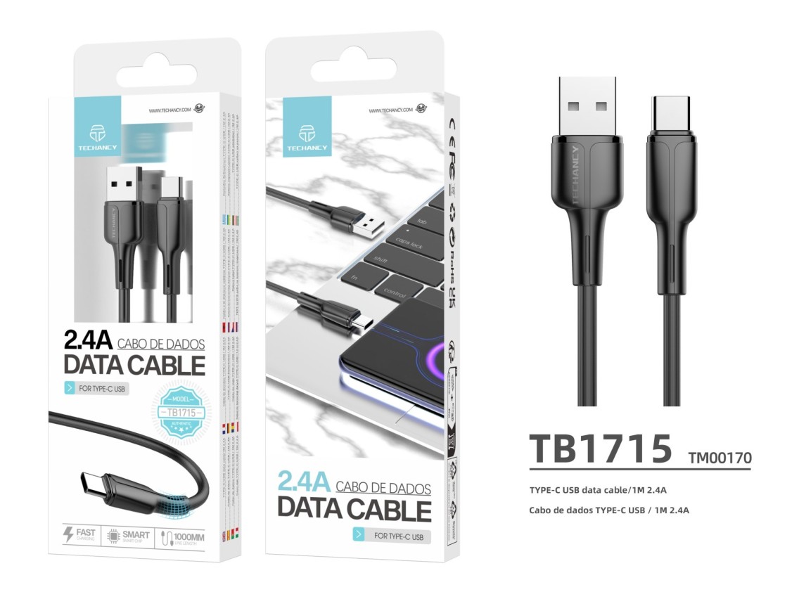 Techancy Cabo De Dados Usb-Type-C Preto 1m TB1715, Carregamento Rápido 2.4a, Suporta Transferência D