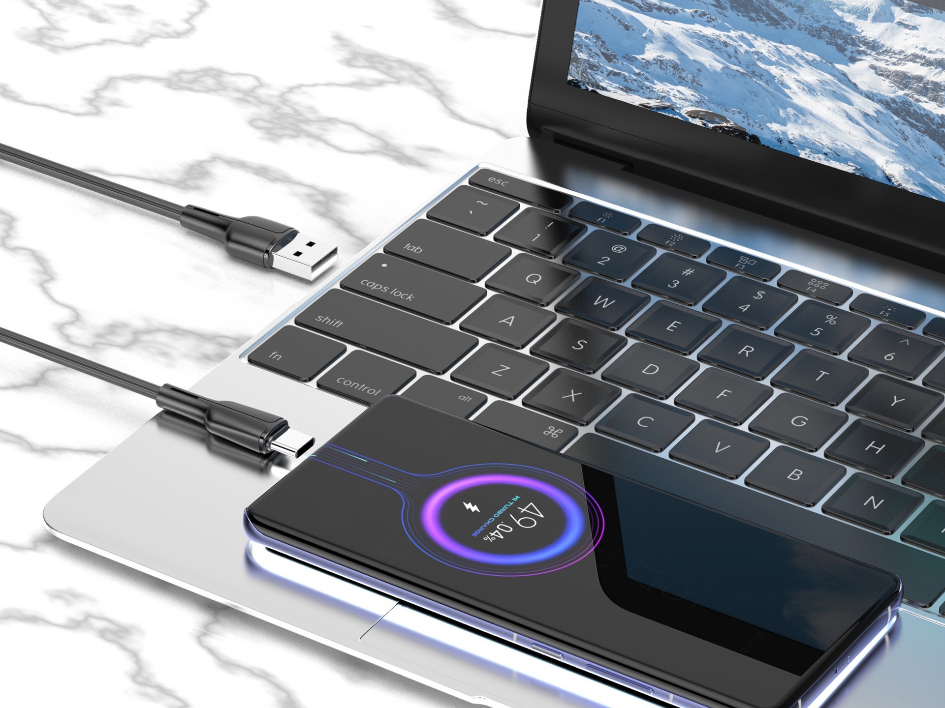 Techancy Cabo De Dados Usb-Type-C Preto 1m TB1715, Carregamento Rápido 2.4a, Suporta Transferência D