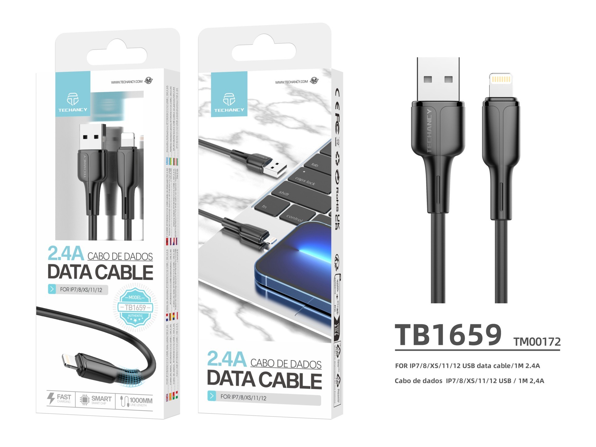Techancy USB-Lightning Data Cable Black 1m TB1659, 2.4A Fast Charging, Supports Data Transfer, PVC M