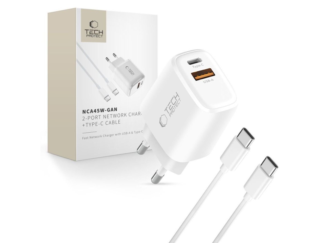 Cargador de pared Tech-Protect NCA45W-GAN de 2 puertos y 45 W con cable USB-C - Blanco
