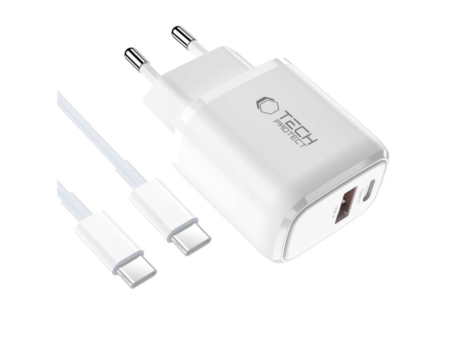 Cargador de pared Tech-Protect NCA45W-GAN de 2 puertos y 45 W con cable USB-C - Blanco