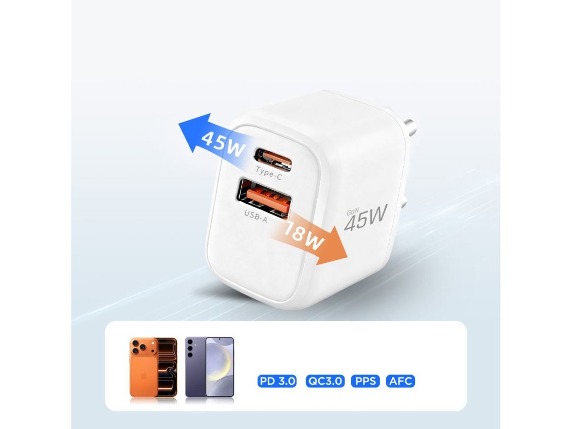 Cargador de pared Tech-Protect NCA45W-GAN de 2 puertos y 45 W con cable USB-C - Blanco