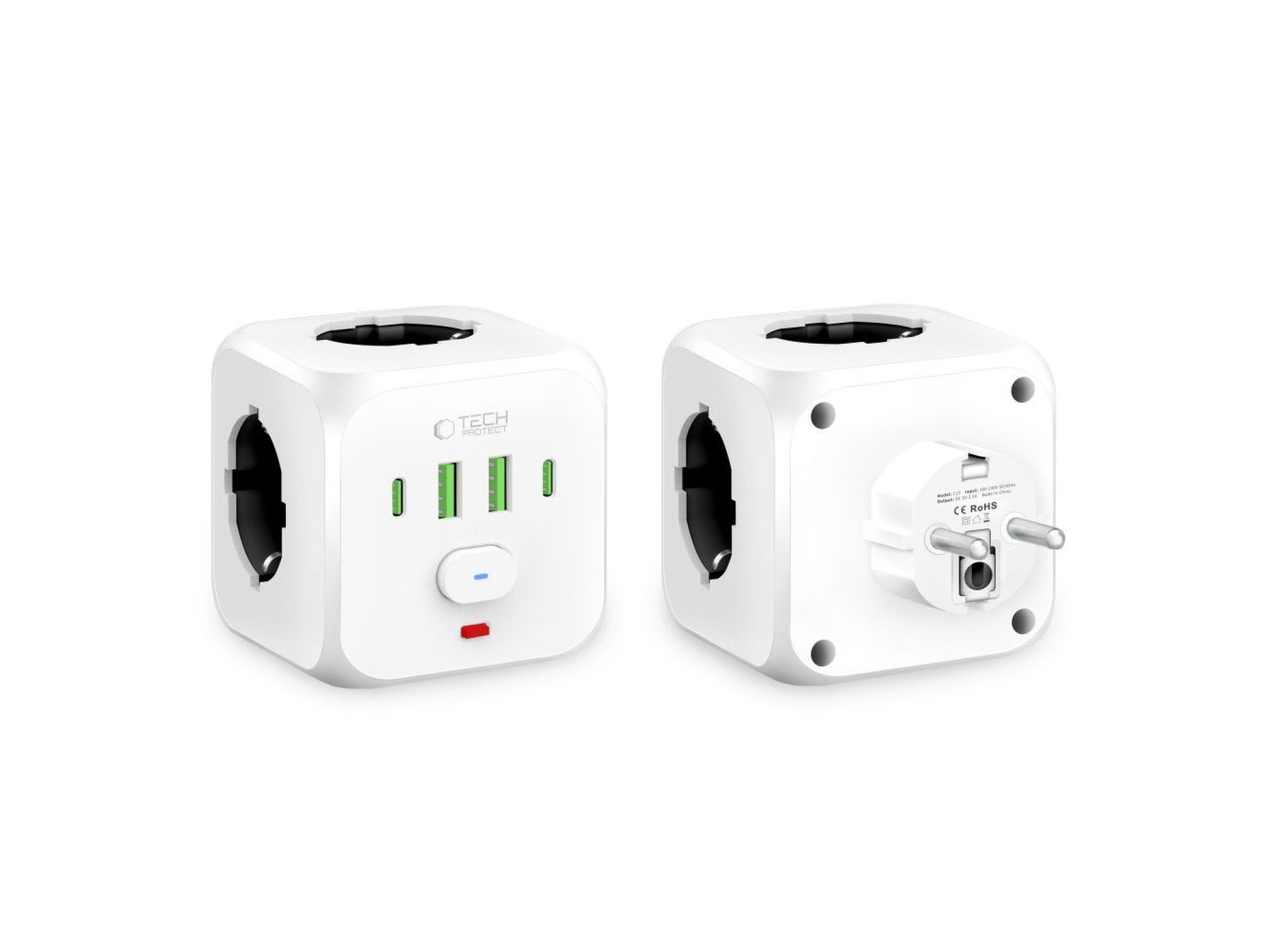 Regleta Tech-Protect PCL3x4, 2 USB-A, 2 USB-C, 3 Schuko de CA - Blanco