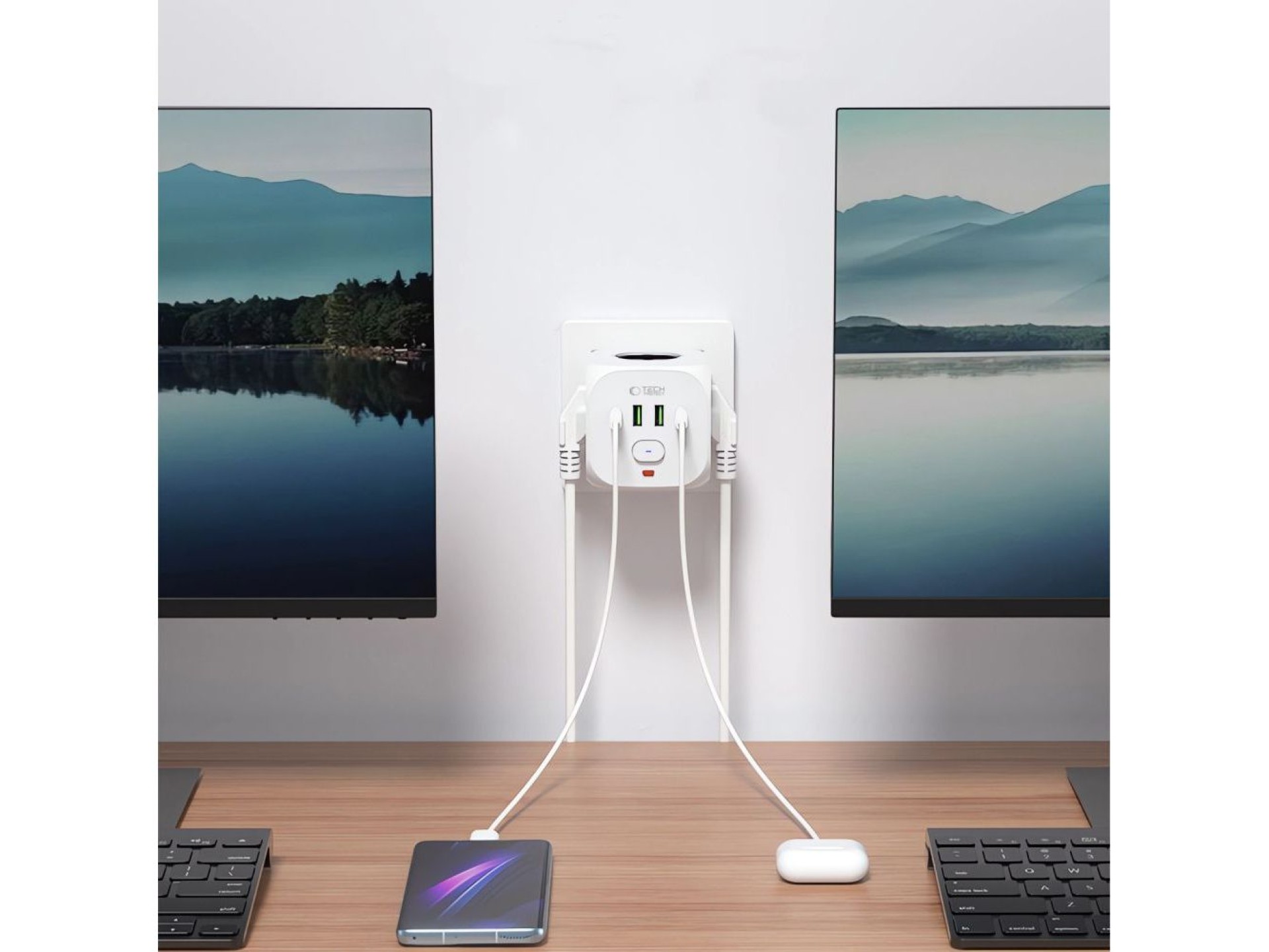 Regleta Tech-Protect PCL3x4, 2 USB-A, 2 USB-C, 3 Schuko de CA - Blanco