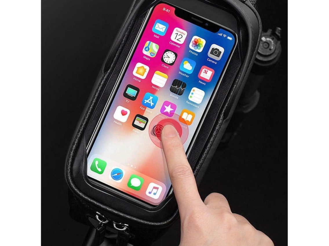 Bolsa de bicicleta Rockbros B68-1 para fixação no quadro, com bolso para celular, 1,7 l, preta.