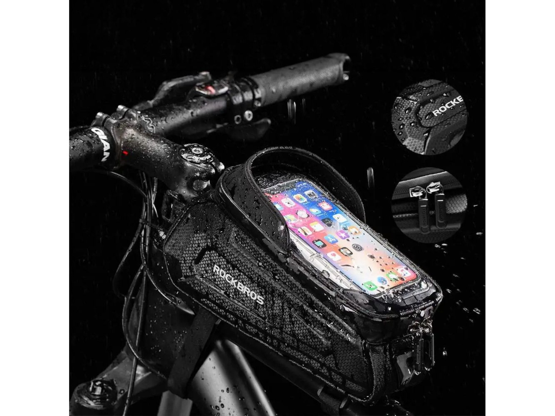 Bolsa de bicicleta Rockbros B68-1 para fixação no quadro, com bolso para celular, 1,7 l, preta.