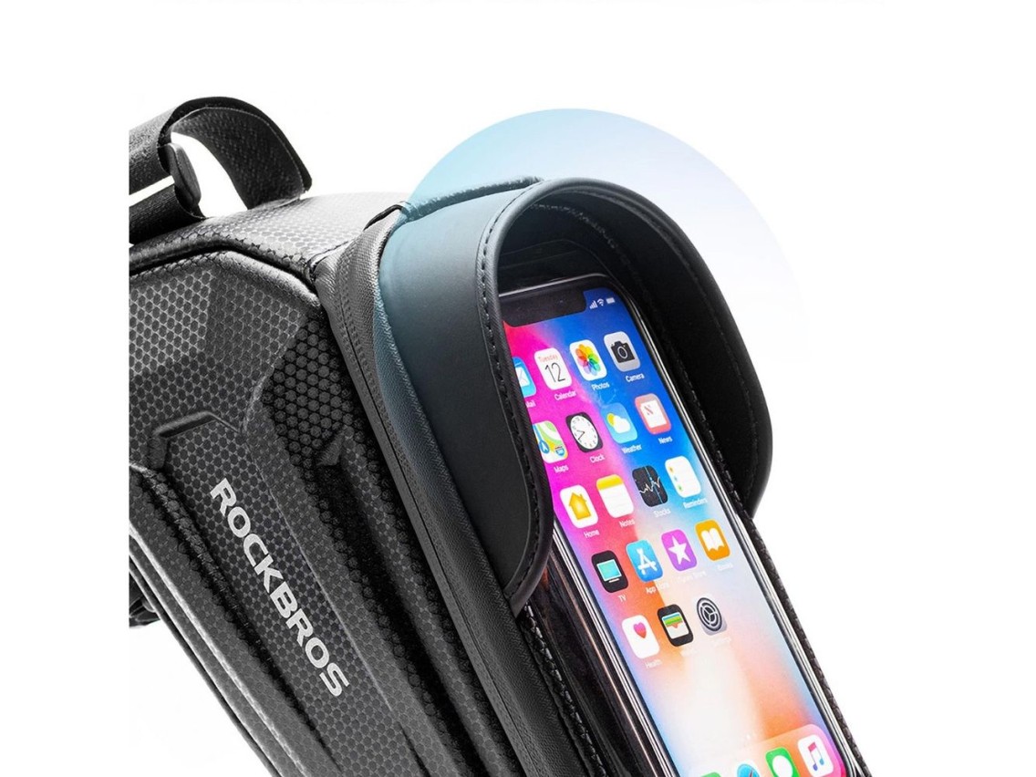 Bolsa de bicicleta Rockbros B68-1 para fixação no quadro, com bolso para celular, 1,7 l, preta.