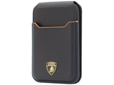 Carteira para celular Lamborghini D1 em couro genu�no com MagSafe - preta e laranja