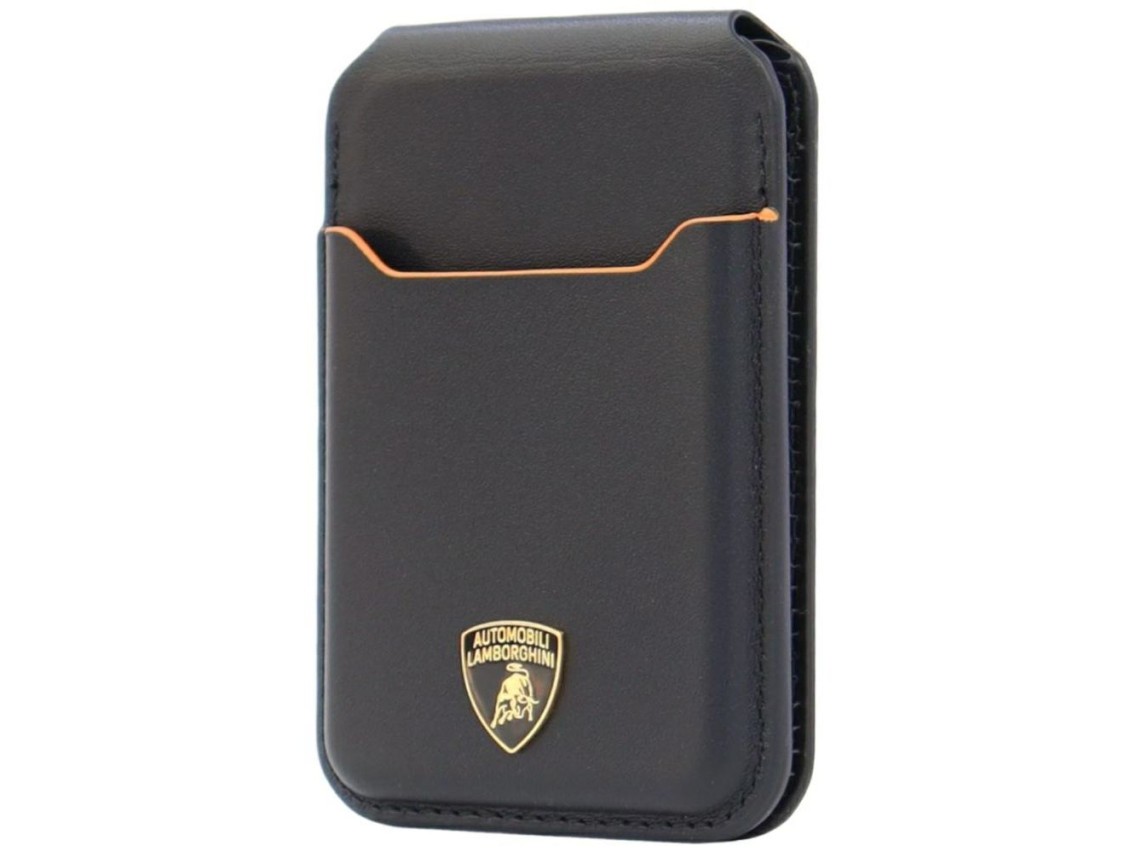Carteira para celular Lamborghini D1 em couro genuíno com MagSafe - preta e laranja