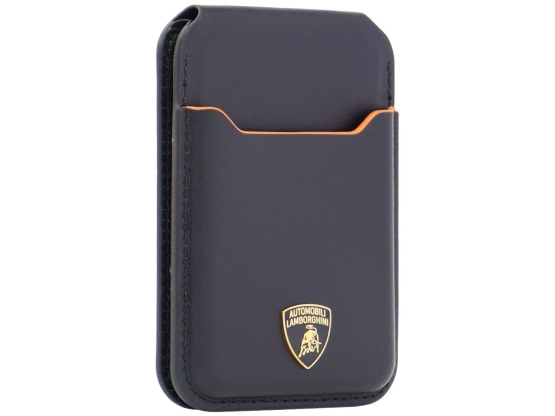 Carteira para celular Lamborghini D1 em couro genuíno com MagSafe - preta e laranja