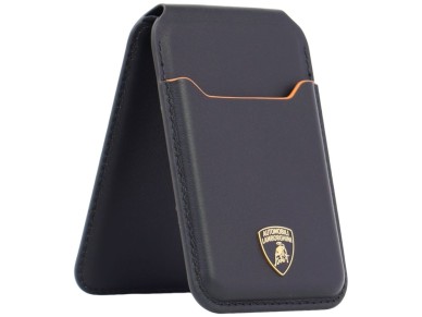Carteira para celular Lamborghini D1 em couro genu�no com MagSafe - preta e laranja