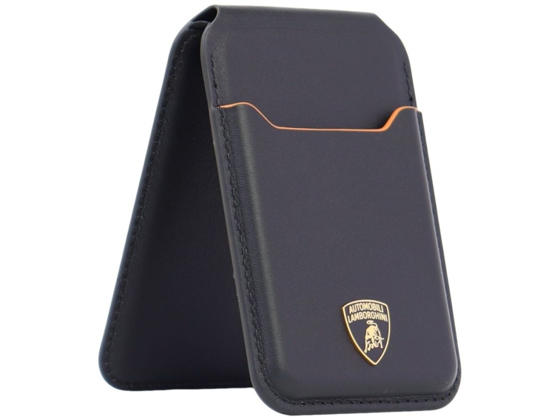 Carteira para celular Lamborghini D1 em couro genuíno com MagSafe - preta e laranja
