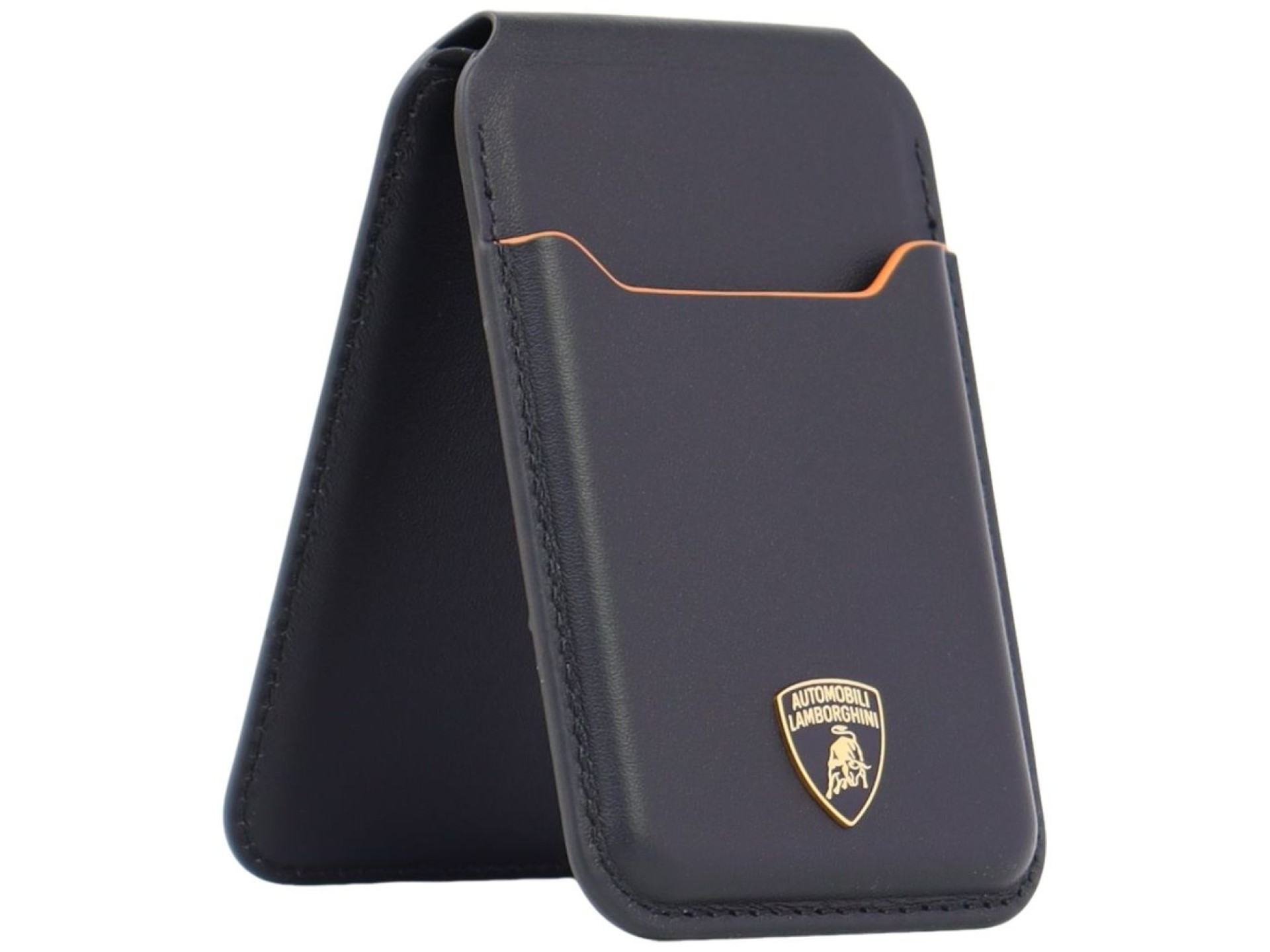 Carteira para celular Lamborghini D1 em couro genuíno com MagSafe - preta e laranja