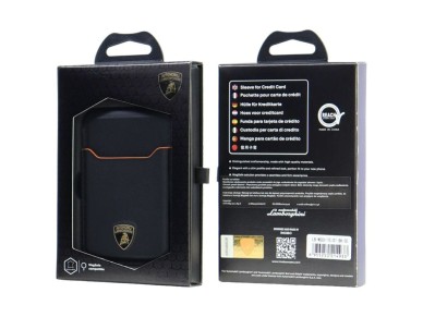 Carteira para celular Lamborghini D1 em couro genu�no com MagSafe - preta e laranja
