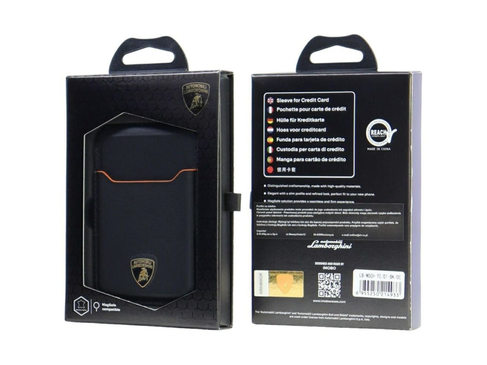 Carteira para celular Lamborghini D1 em couro genuíno com MagSafe - preta e laranja