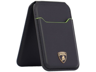 Carteira para celular Lamborghini D1 em couro genu�no com MagSafe - Preta e Verde