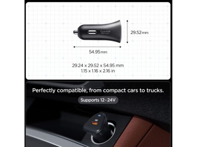 Carregador veicular Spigen Essential EV301 de 30 W - Preto