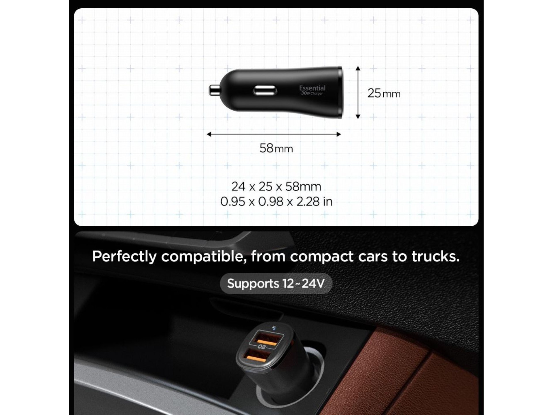 Cargador de coche Spigen Essential EV302 de 30 W con 2 puertos USB-A - Negro