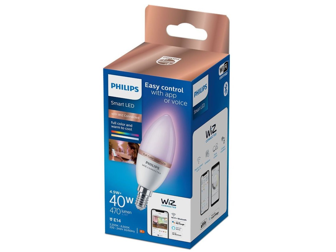 Lâmpada vela led e14 4,9w full colors 470lm wifi philips wiz