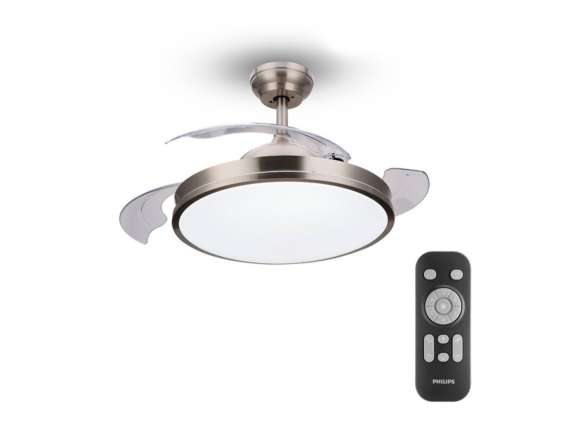Ventoinha de teto de led modelo atlas. cor níquel. potência: 28+35w pás: ø106cm com comando