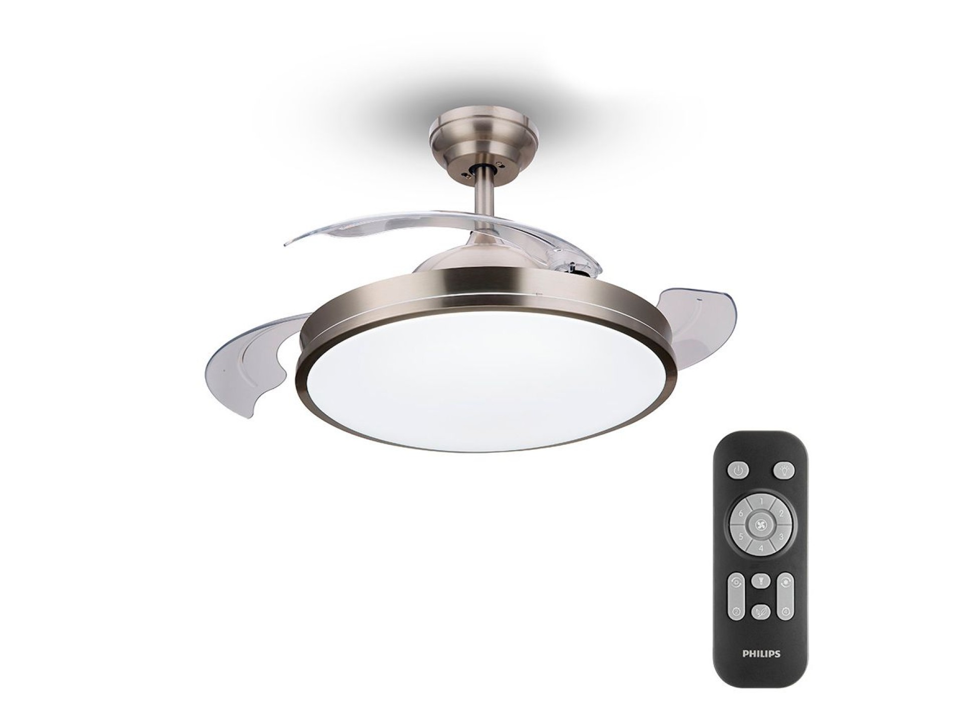 Ventoinha de teto de led modelo atlas. cor níquel. potência: 28+35w pás: ø106cm com comando