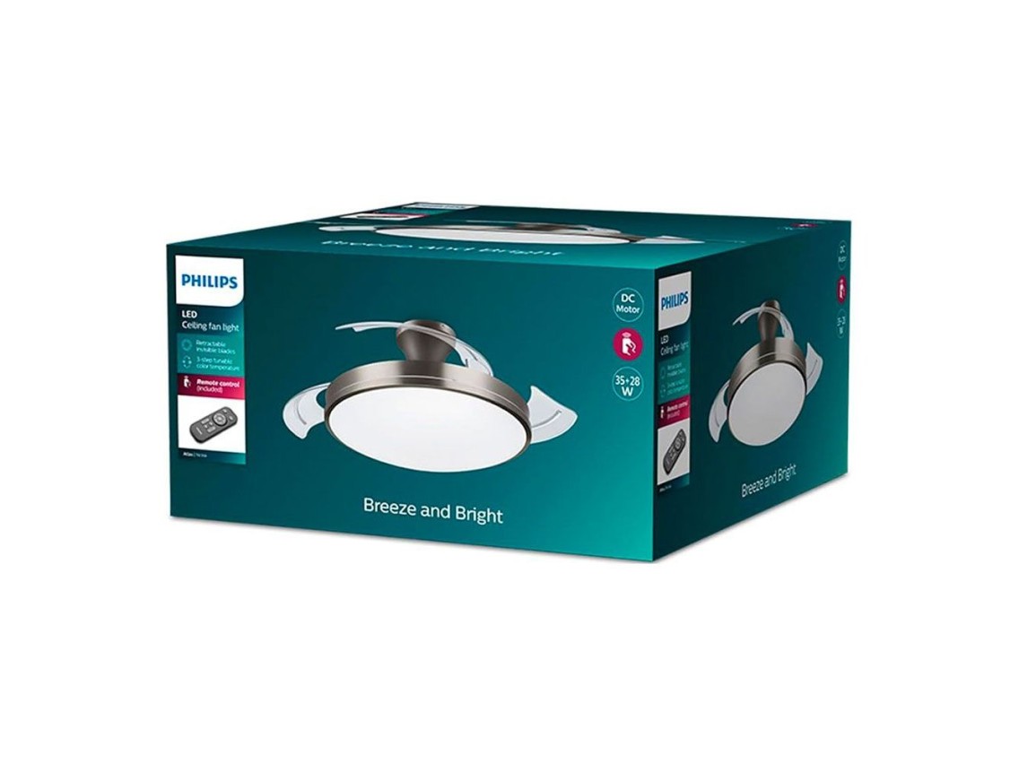 Ventoinha de teto de led modelo atlas. cor níquel. potência: 28+35w pás: ø106cm com comando