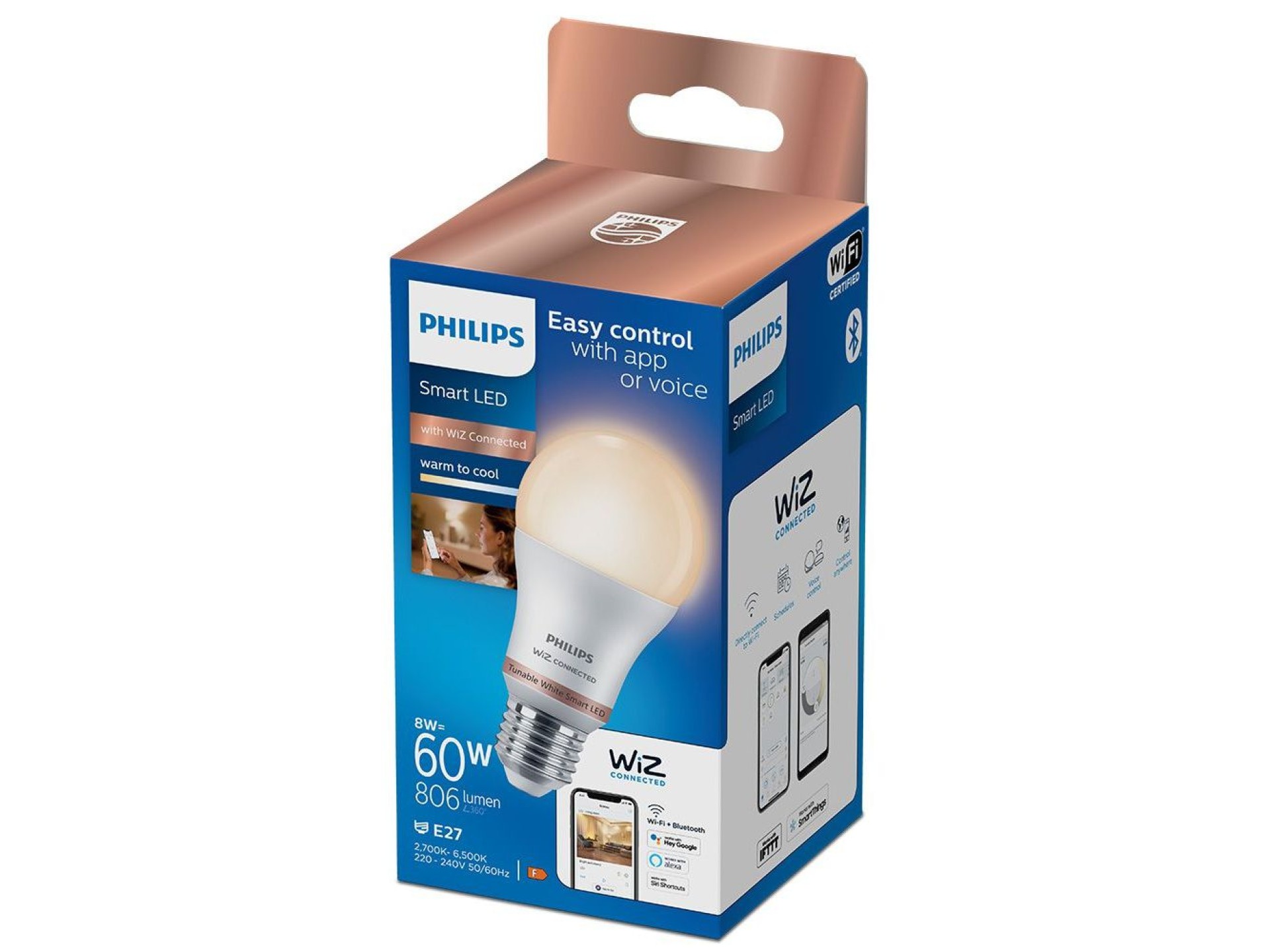 Standard led bulb e27 8w 2.700k-6.500k 806lm wifi philips wiz