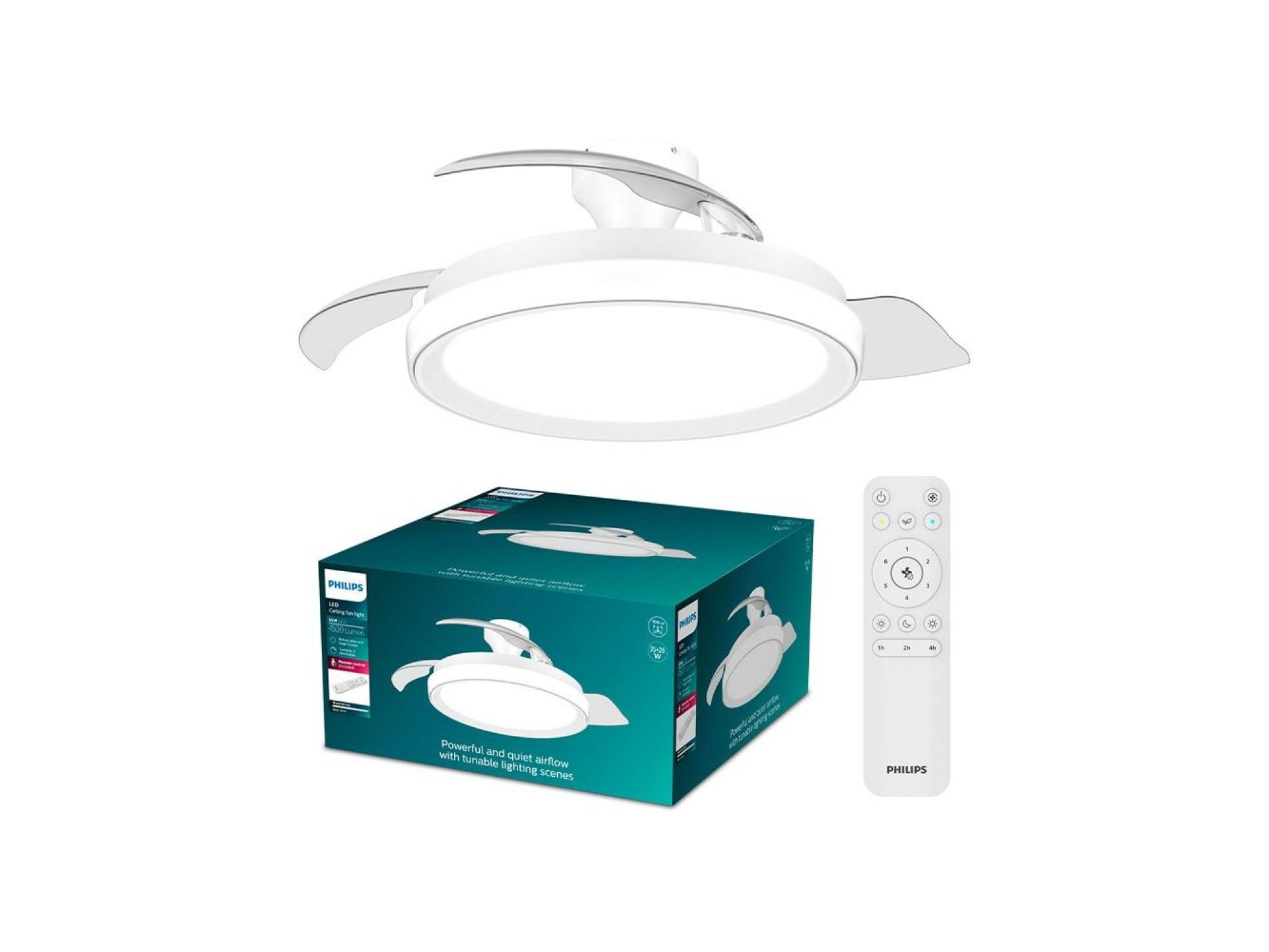 Ceiling fan with retractable blades, led 3 cct, dc 28 w + 35 w, bliss model, white, ø106 cm