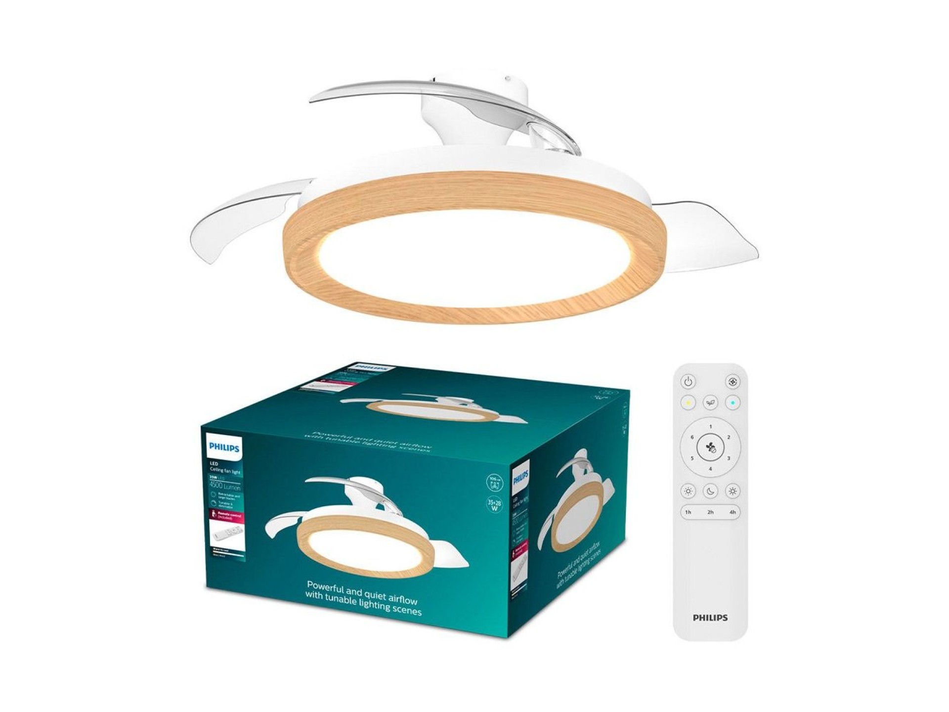 Retractable blade ceiling fan, 3 cct led, 28 w dc motor + 35 w led, bliss model, white / gold, ø106