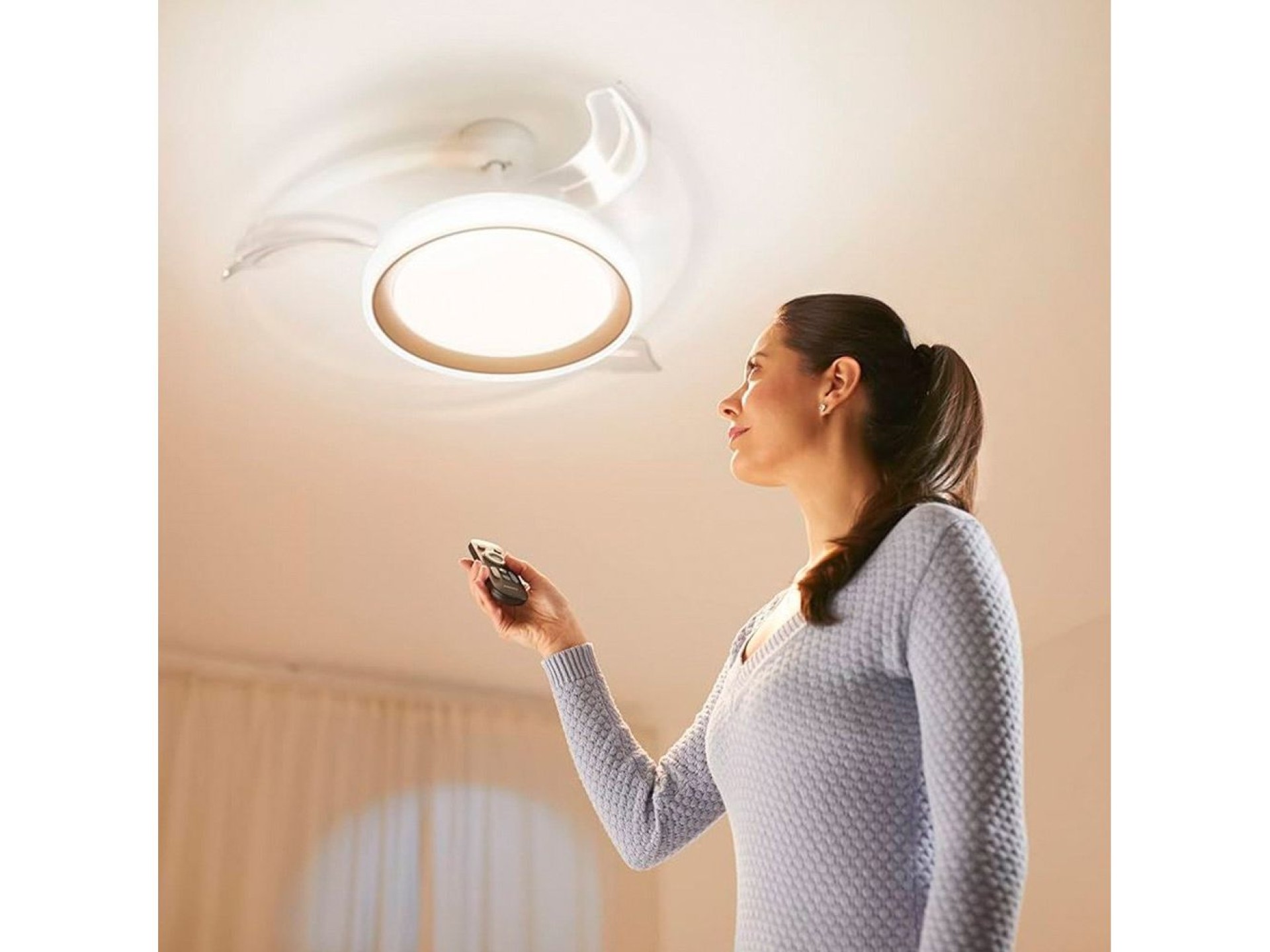 Ventilador de techo con aspas retráctiles, led 3 cct, motor dc 28 w + led 35 w, modelo bliss, blanco
