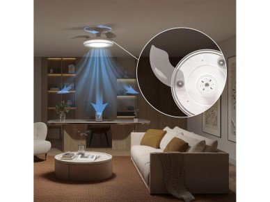 Ventilador de techo con aspas retr�ctiles, led 3 cct, motor dc 28 w + led 35 w, modelo bliss, blanco