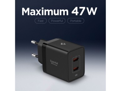 Cargador de pared Spigen Essential EE472EU de 2 puertos USC-C de 47 W (negro)