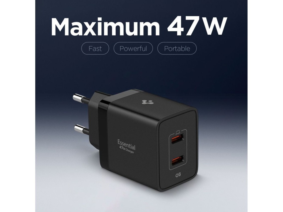 Cargador de pared Spigen Essential EE472EU de 2 puertos USC-C de 47 W (negro)