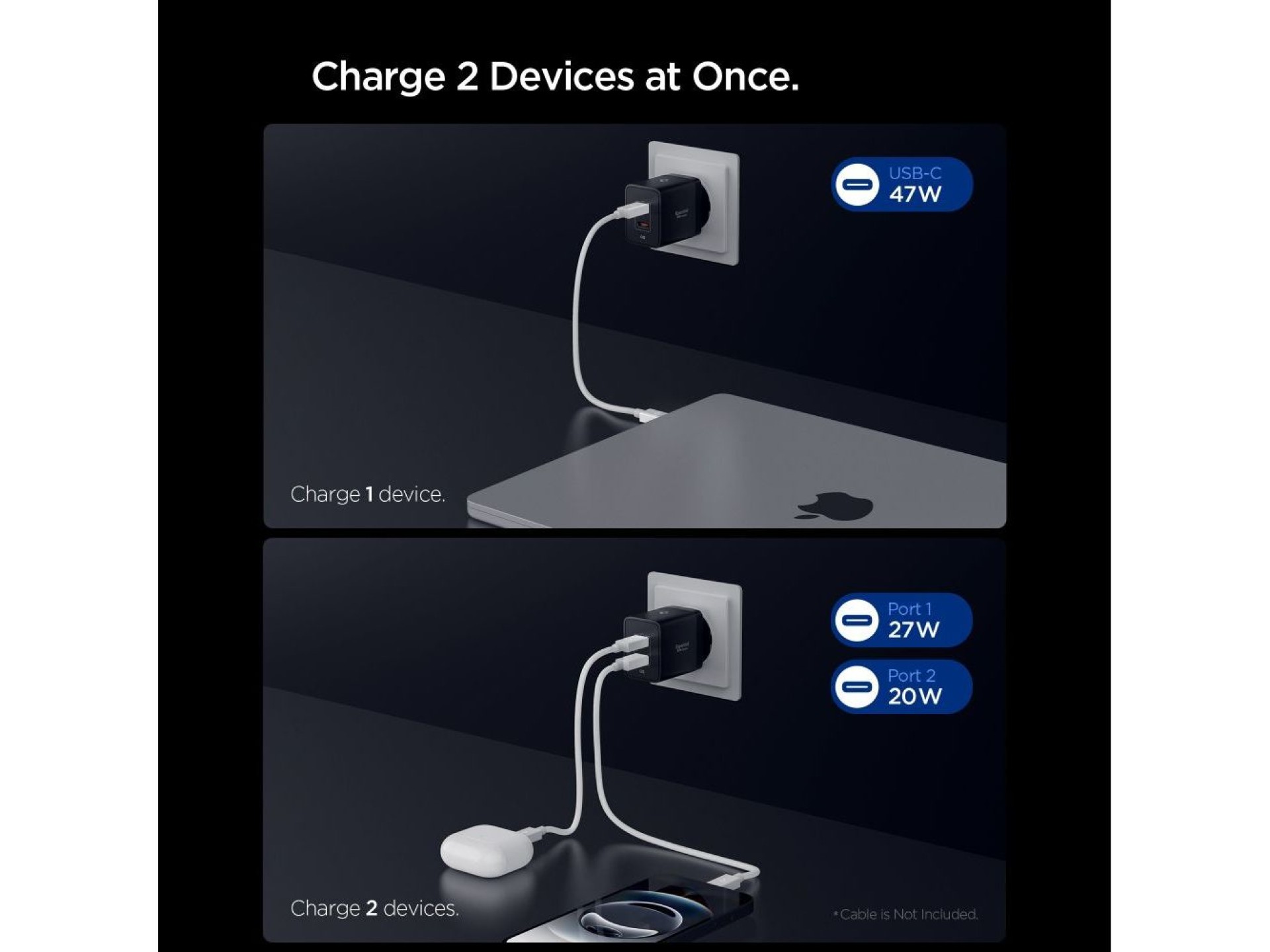 Cargador de pared Spigen Essential EE472EU de 2 puertos USC-C de 47 W (negro)