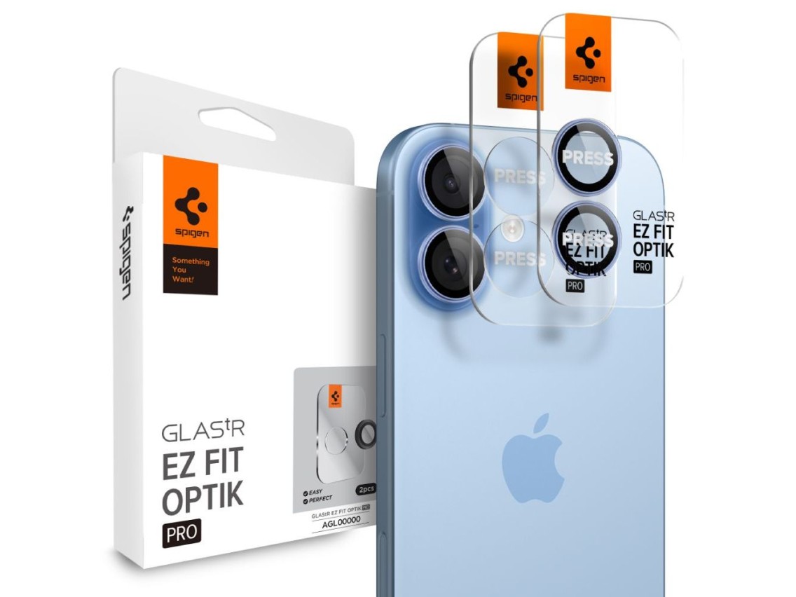 Kit com 2 capas para câmera Spigen Optik Pro GLAS.TR "EZ FIT" para iPhone 16 / 16 Plus / 17 - Azul