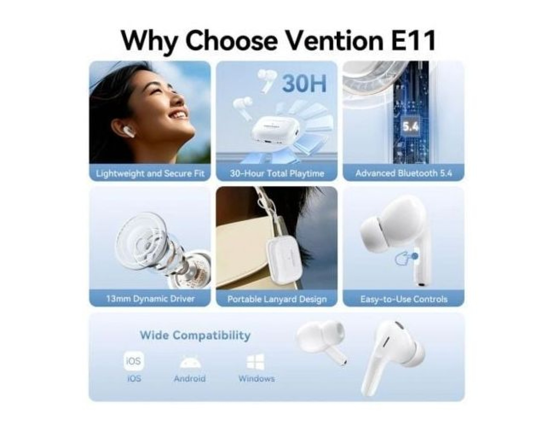 Vention Echo Lite E11 Bluetooth Headphones with Charging Case / 6h Battery Life / White