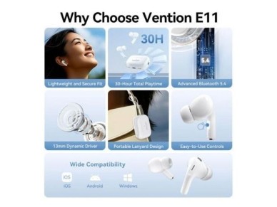 Vention Echo Lite E11 Bluetooth Headphones with Charging Case / 6h Battery Life / White Vention Echo Lite E11 Bluetooth Headphones with Charging Case / 6h Battery Life / White