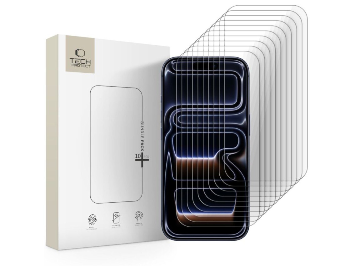 Paquete de 10 protectores de pantalla de vidrio templado Tech-Protect para iPhone 16 Pro / 17 / 17 P