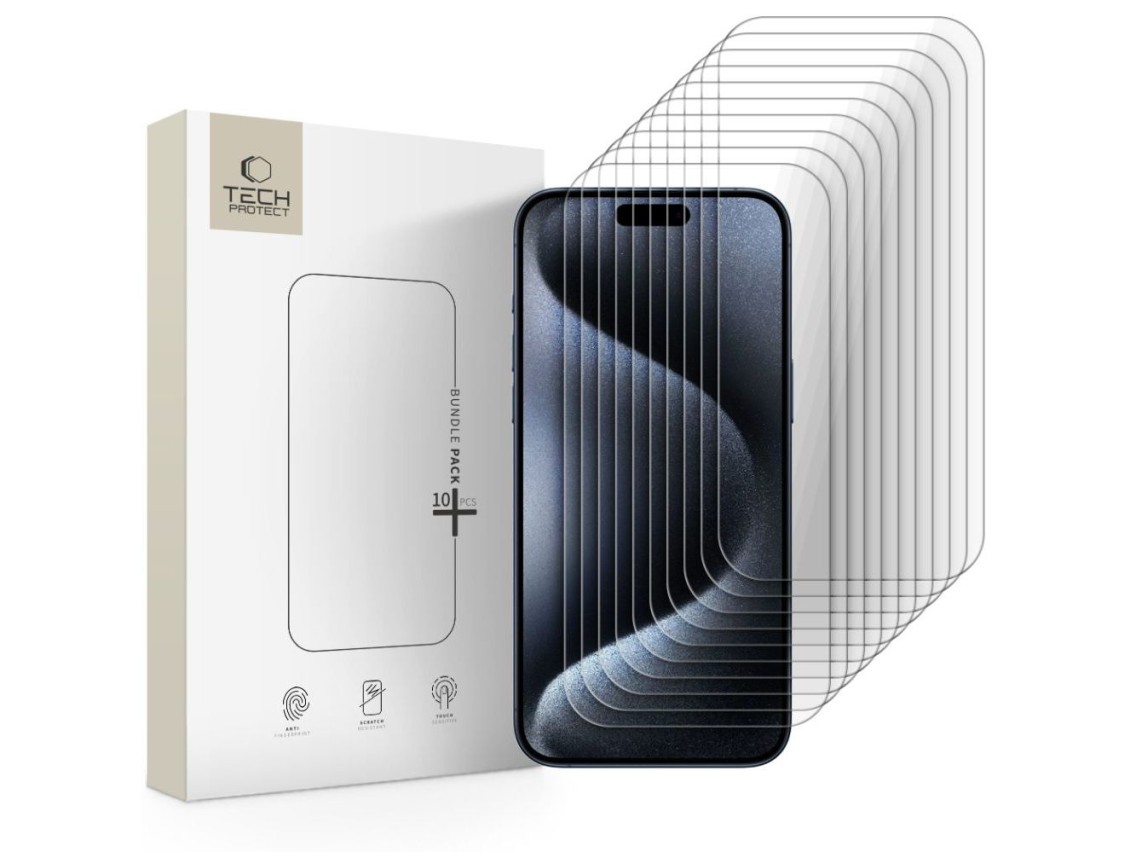 Kit com 10 pel�culas de vidro temperado Tech-Protect para iPhone 15 Pro Max