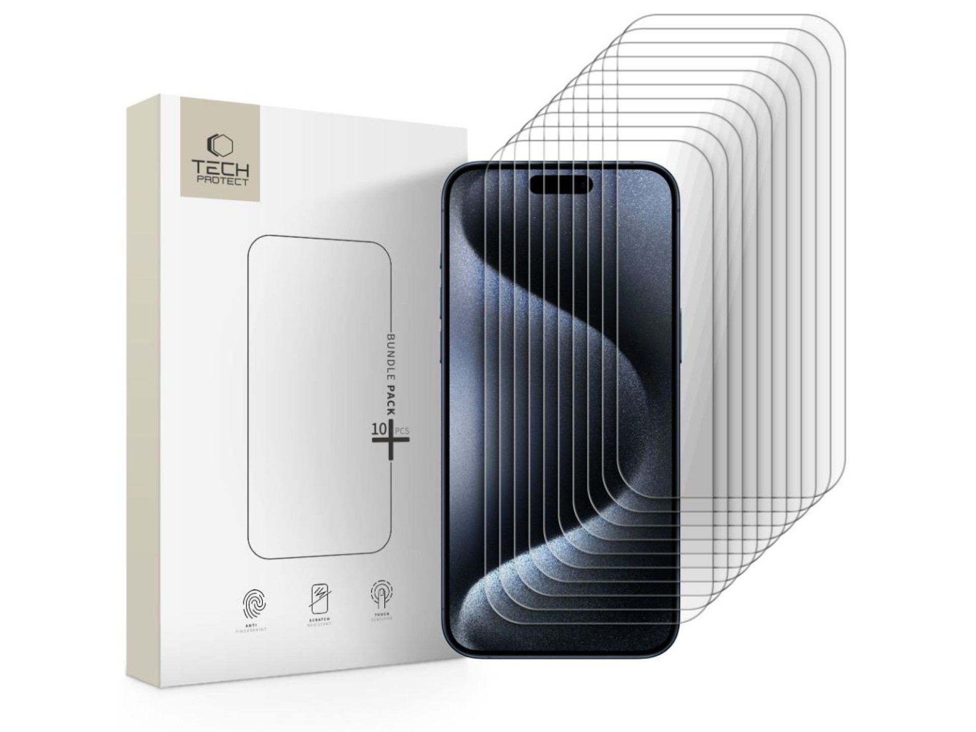 Kit com 10 películas de vidro temperado Tech-Protect para iPhone 15 Pro Max