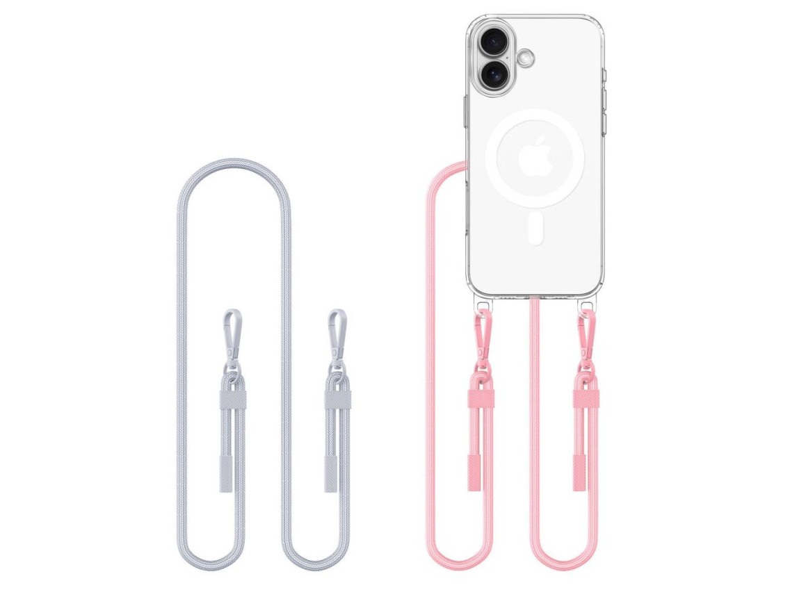 Tech-Protect Flexair Chain MagSafe Case for iPhone 16 - Clear + 2 Lanyards (Pink and Gray)