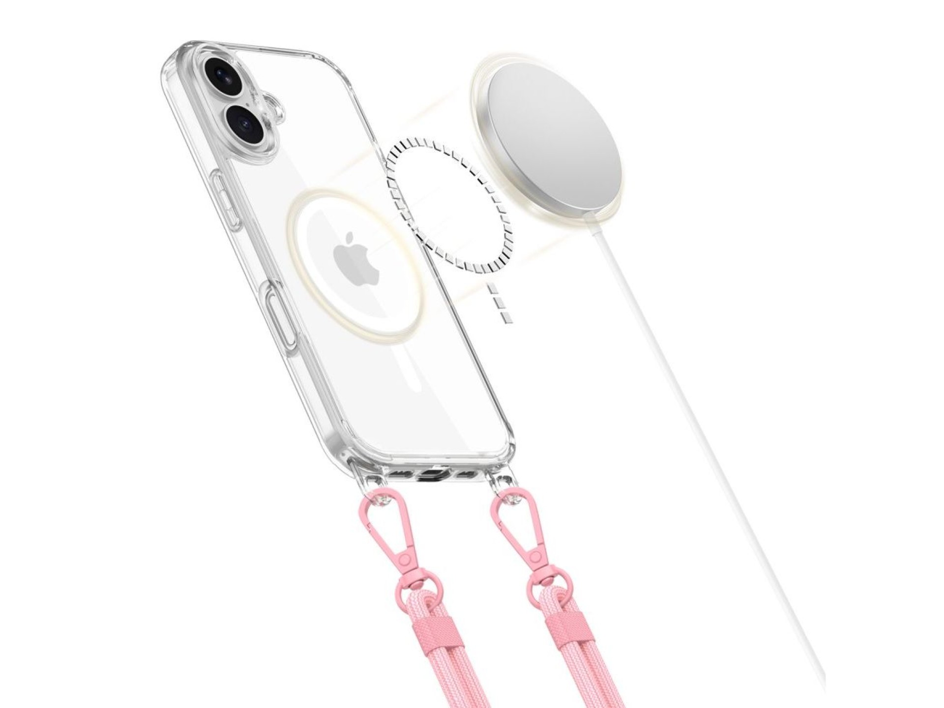 Tech-Protect Flexair Chain MagSafe Case for iPhone 16 - Clear + 2 Lanyards (Pink and Gray)