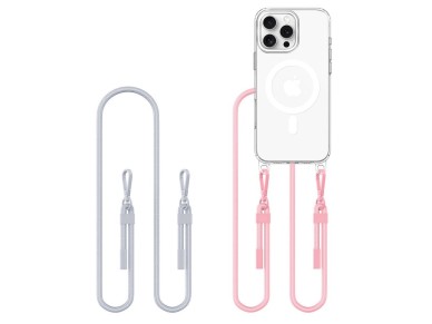 Funda Tech-Protect Flexair Chain MagSafe para iPhone 16 Pro - Transparente + 2 cordones (rosa y gris Funda Tech-Protect Flexair Chain MagSafe para iPhone 16 Pro - Transparente + 2 cordones (rosa y gris