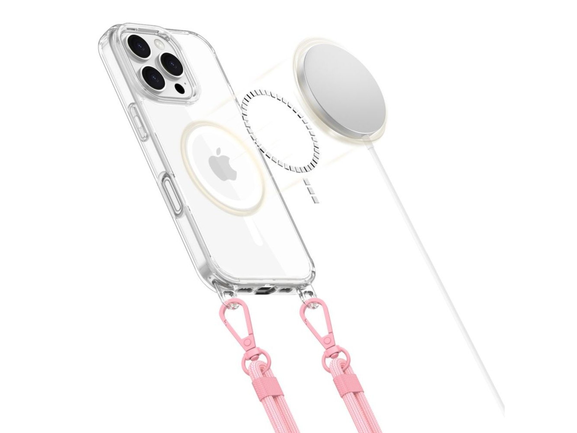 Tech-Protect Flexair Chain MagSafe Case for iPhone 16 Pro - Clear + 2 Lanyards (Pink and Gray)